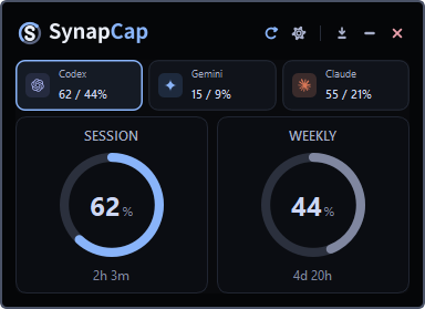 다크 테마로 표시된 SynapCap 펼침 위젯